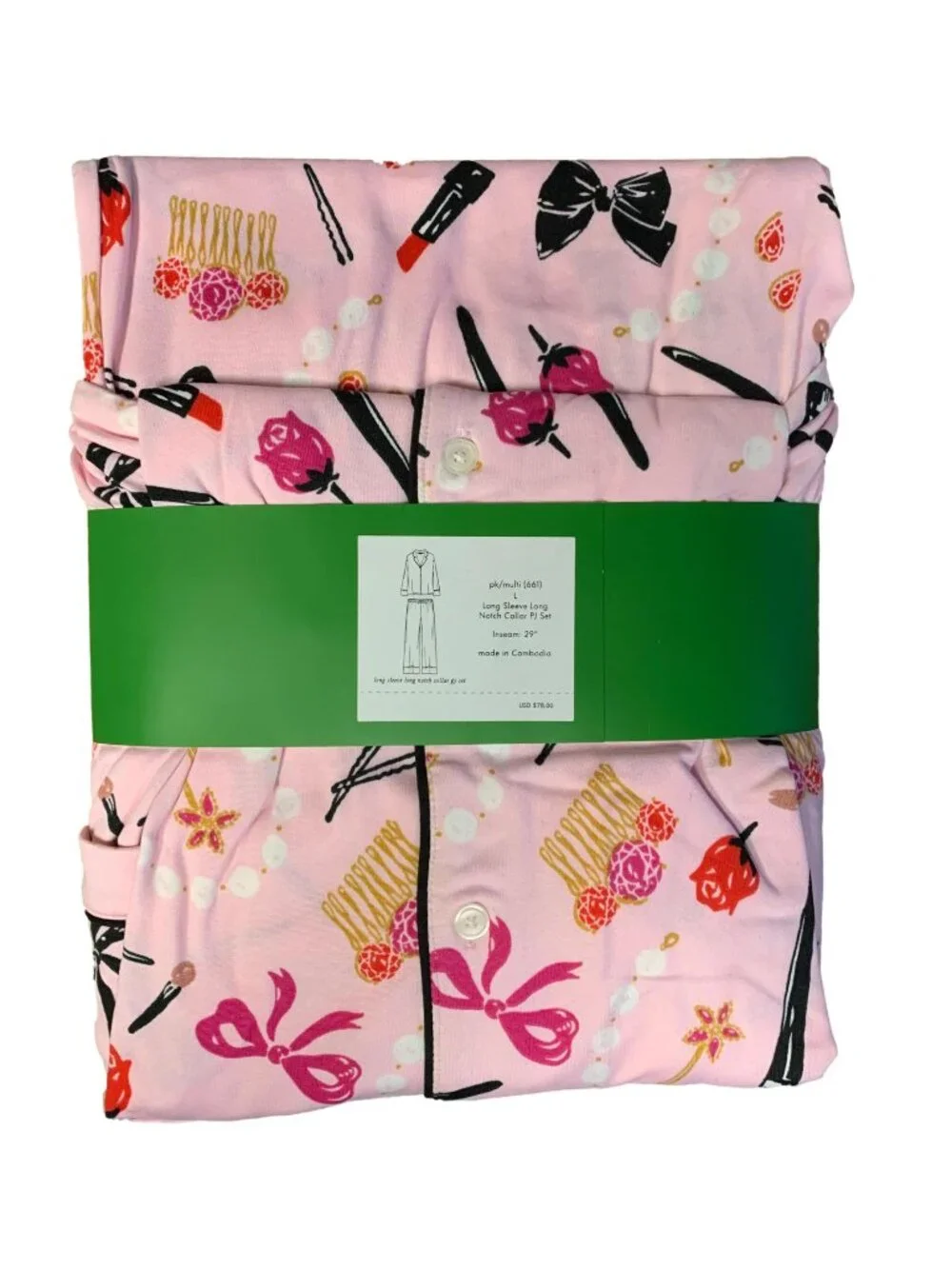 Kate Spade New York 2 Piece Notch Collar Pajama Set Pink Makeup Print Large